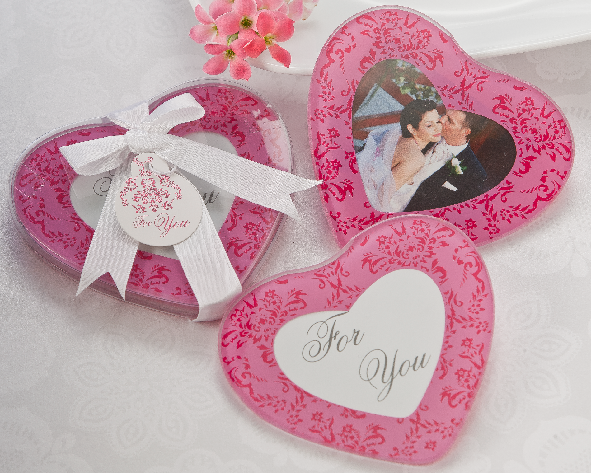 "Pretty in Pink" Heart Glass Photo Coasters (Set of 2) [Case Pack of 100]