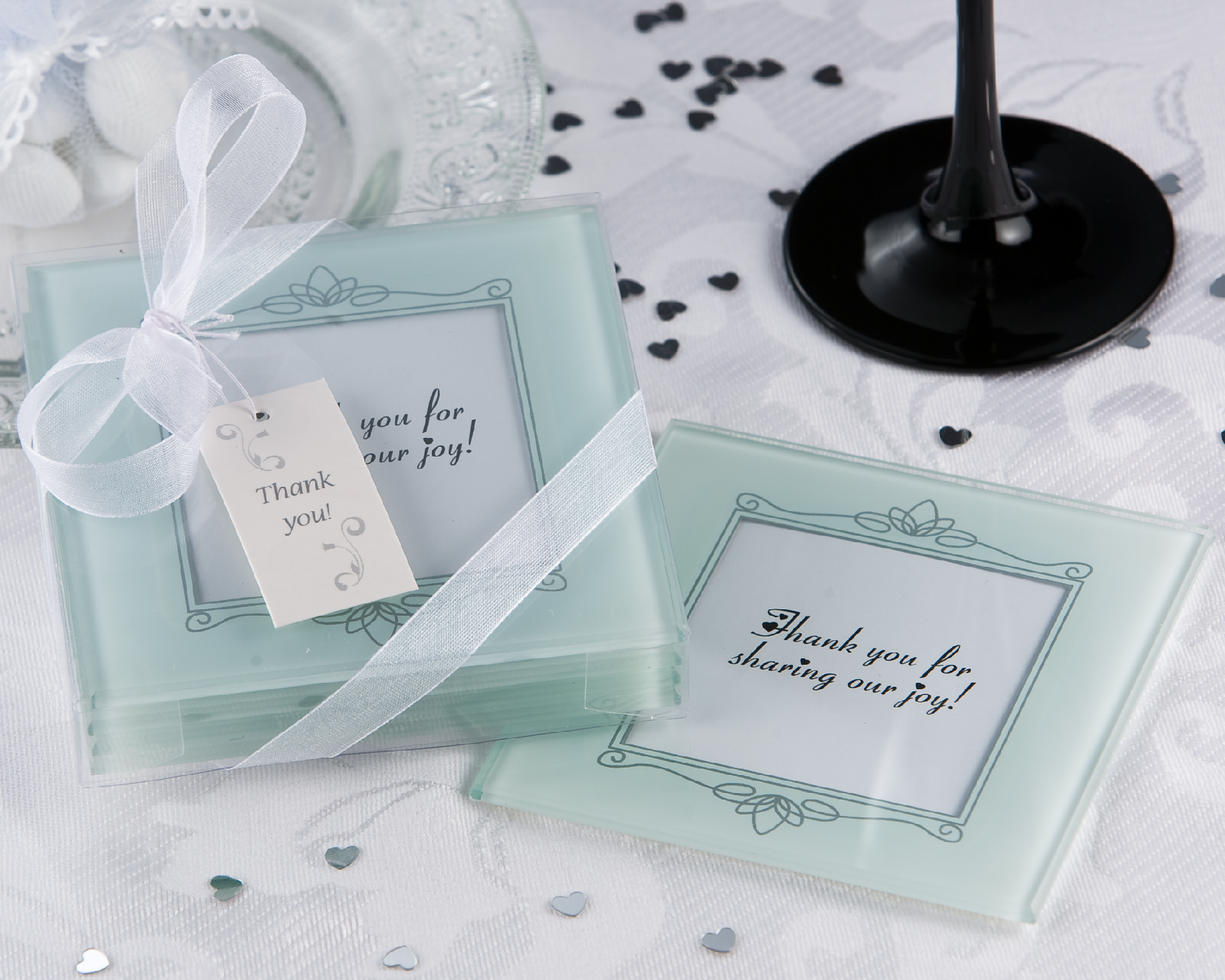 "Memories Forever" Glass Photo Coasters in Black (Set of 4) [Pack of 12]