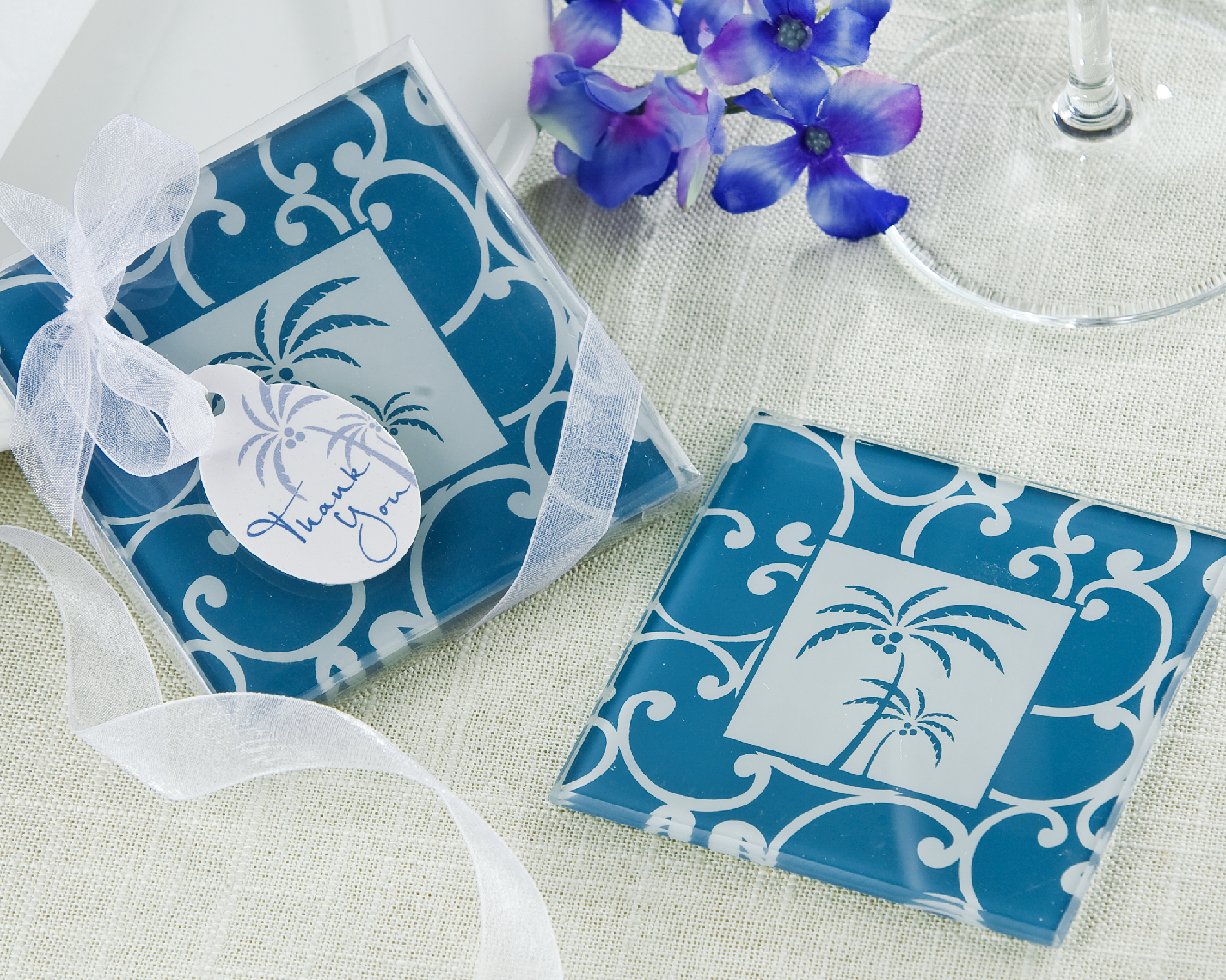 "Tropical Breeze" Palm Tree Glass Coasters (Set of 4) [Pack of 12]
