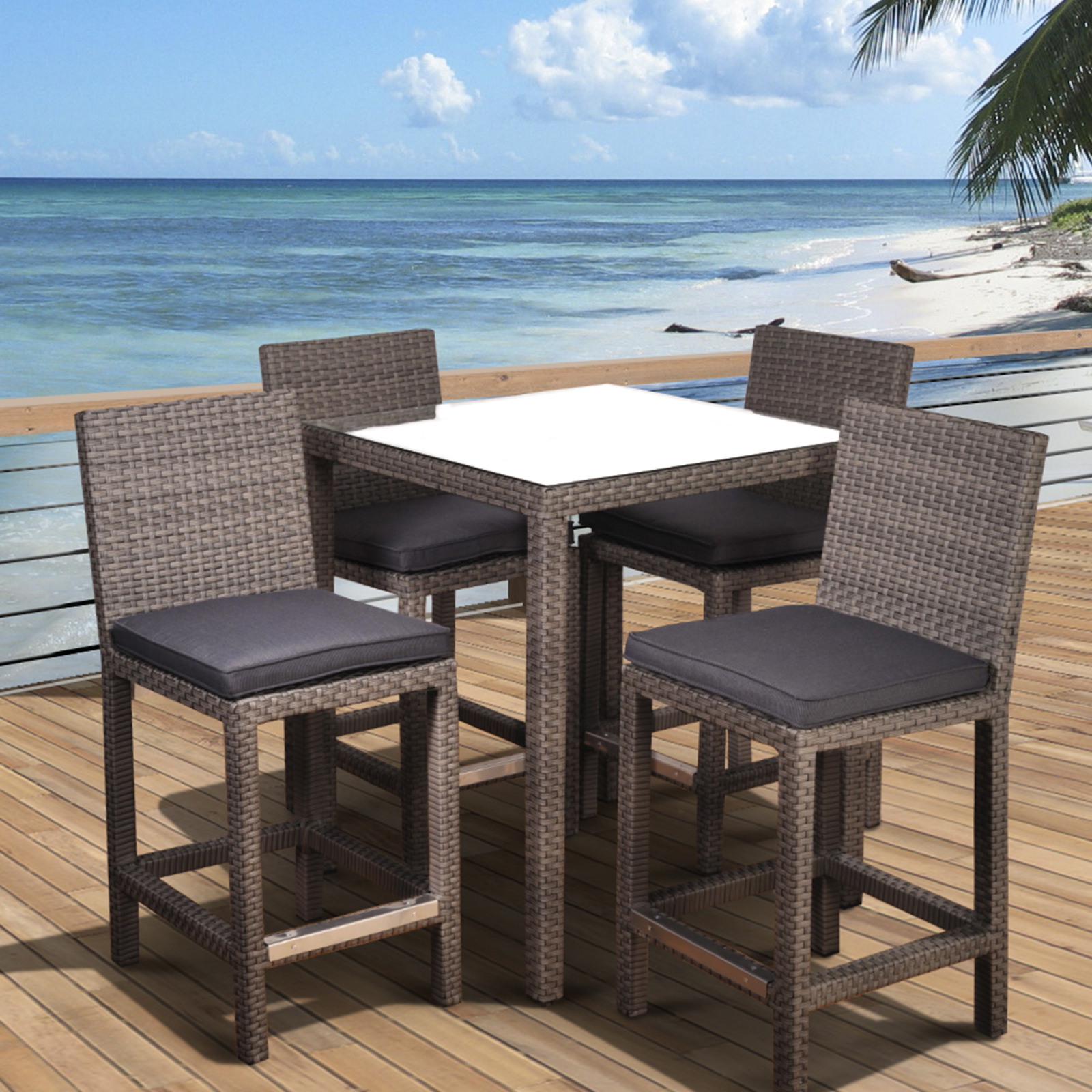Atlantic Abaco Square 5 Piece Synthetic Wicker Patio Bar Set Grey With