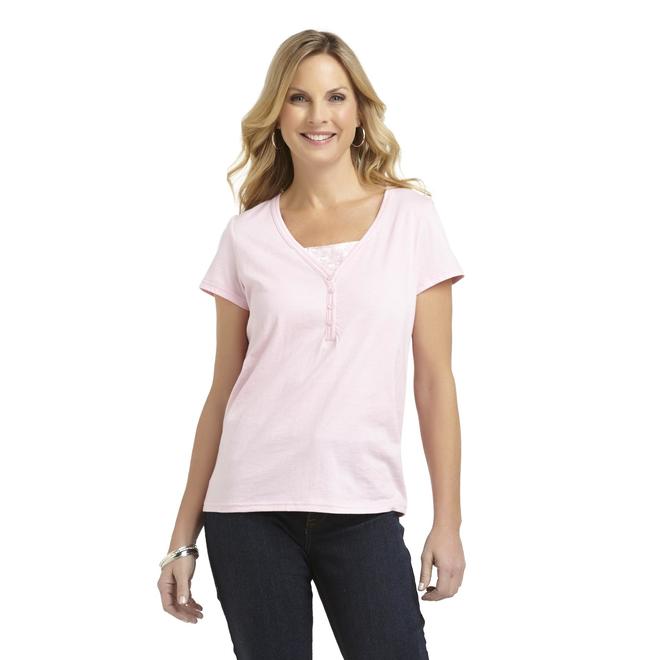 Basic Editions Women's LayeredLook Henley Floral