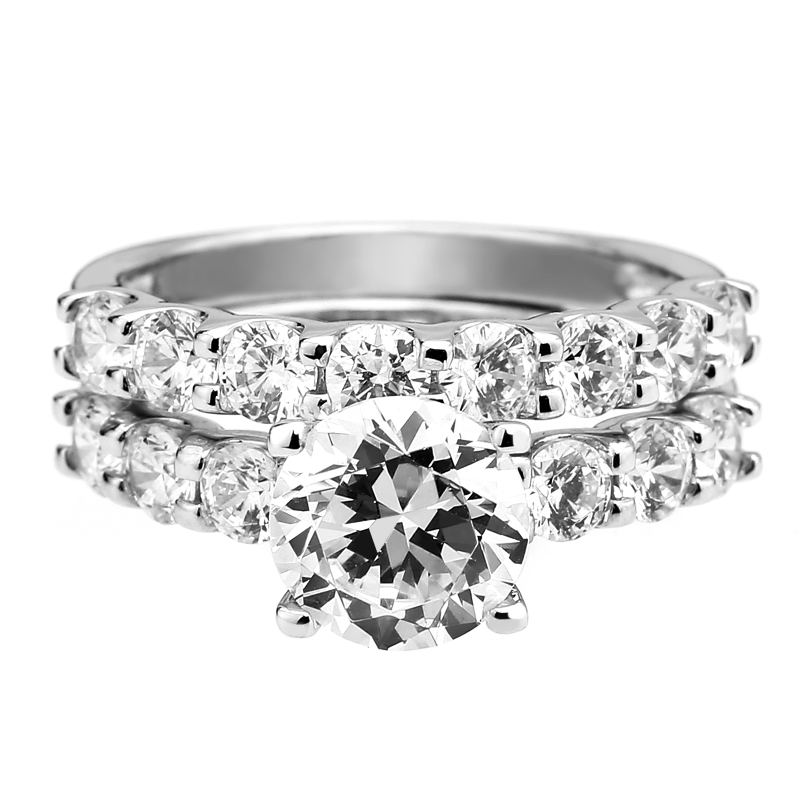 Sterling Silver Cubic Zirconia Round Cut Bridal Set Rings