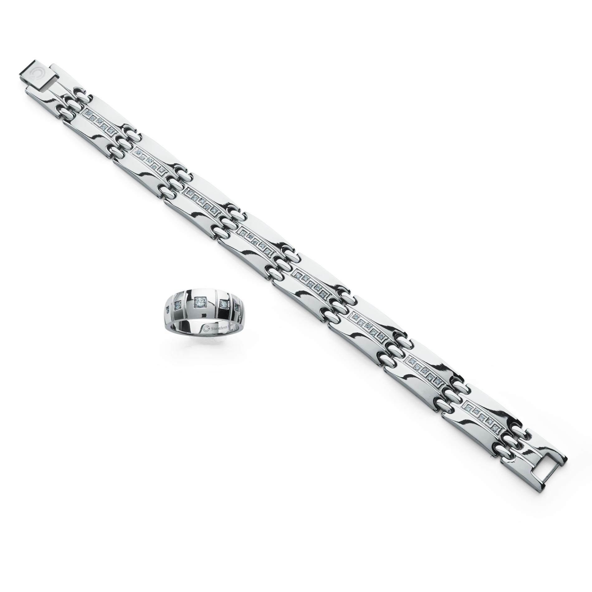 Men's Cubic Zirconia Stainless Steel  Bracelet & Ring Set