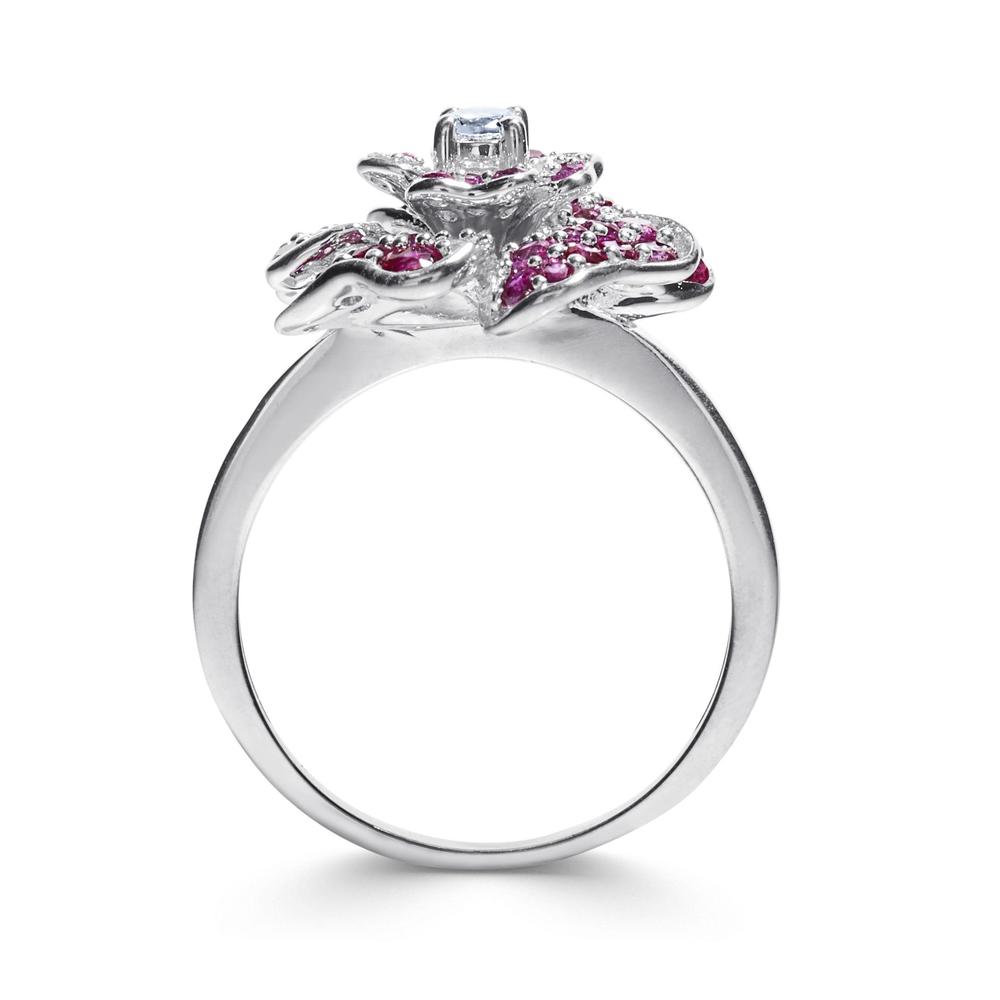 Lab Created Ruby & White Sapphire Sterling Silver Pave Flower Ring