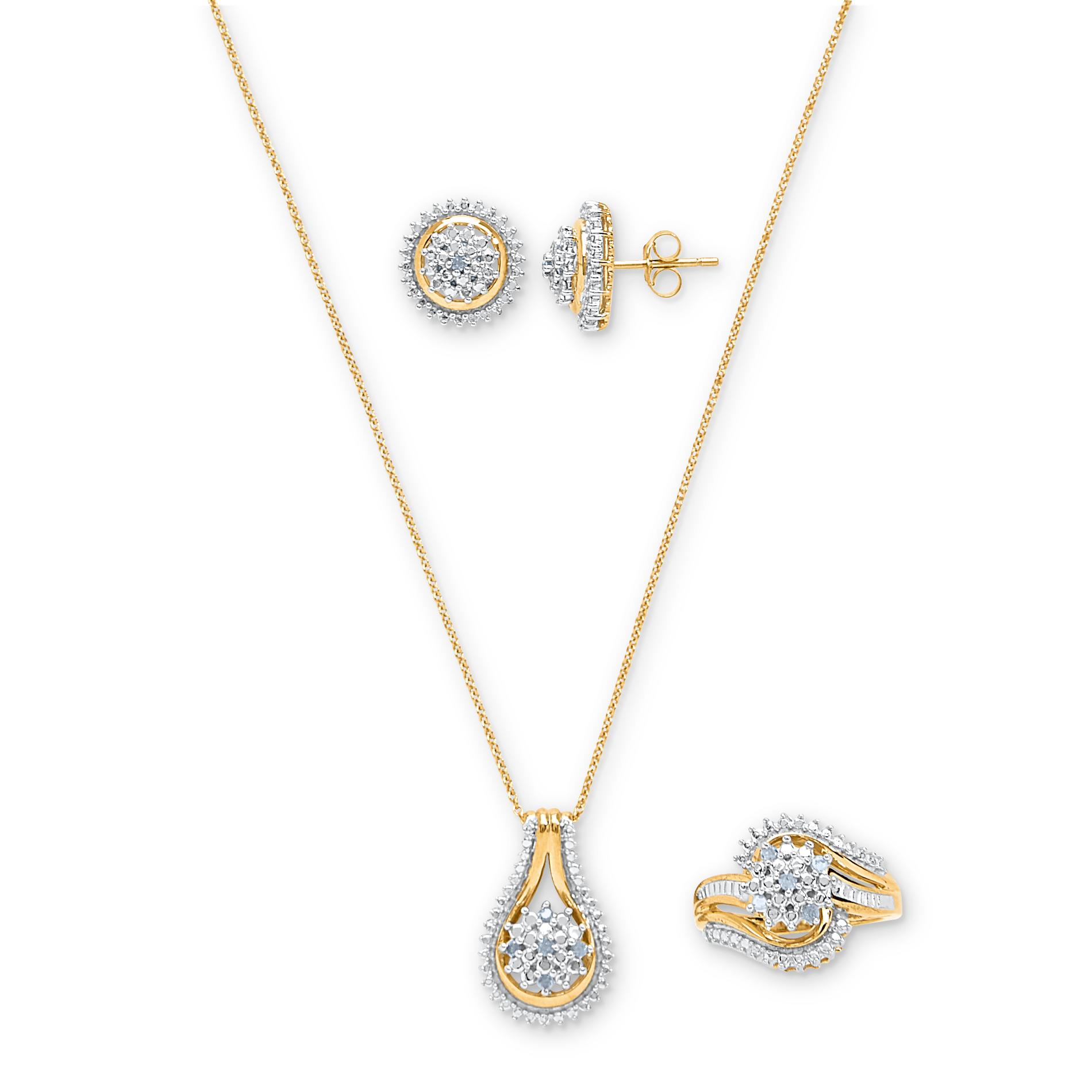 3-Piece 1/4 Cttw. Diamond 14K Yellow Gold over Sterling Silver Ring  Pendant & Earrings Set