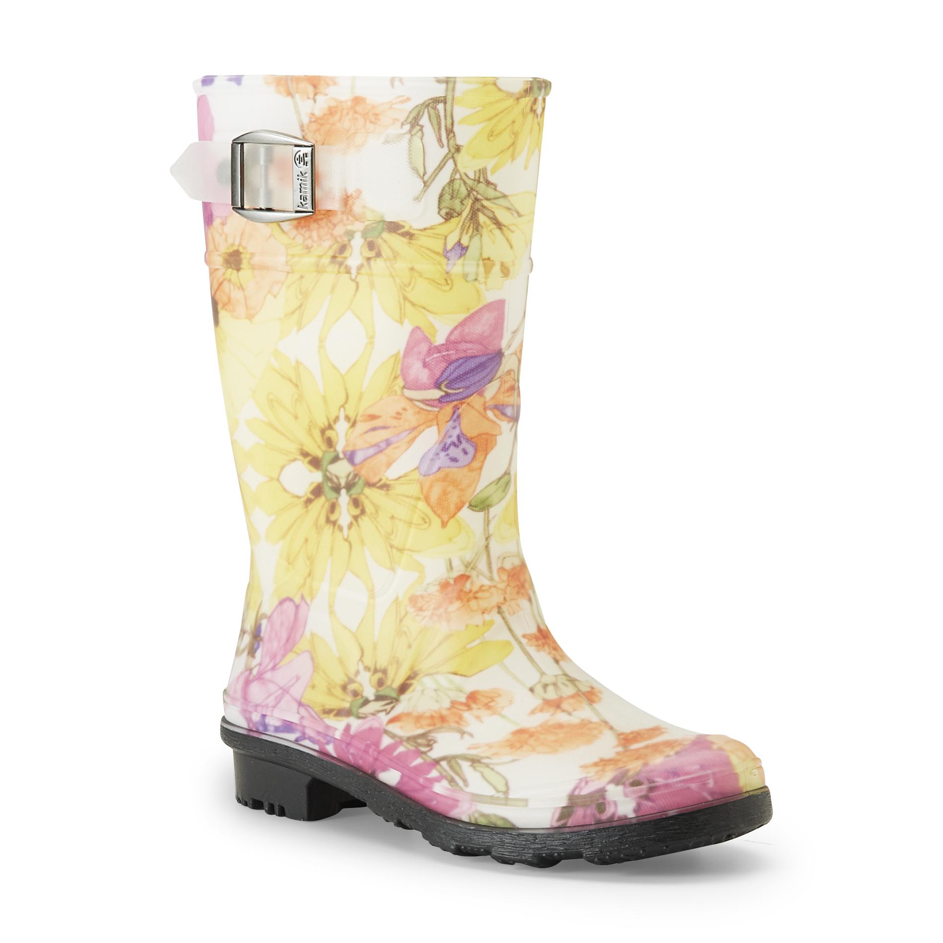 Kamik Girl's 9" Pink/Floral Water-Resistant Pull-On Rain Boot