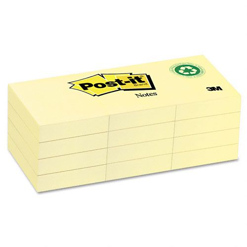 Post-it Recycled Notes, 1.5 x 2, Canary, 12 100-Sheet Pads