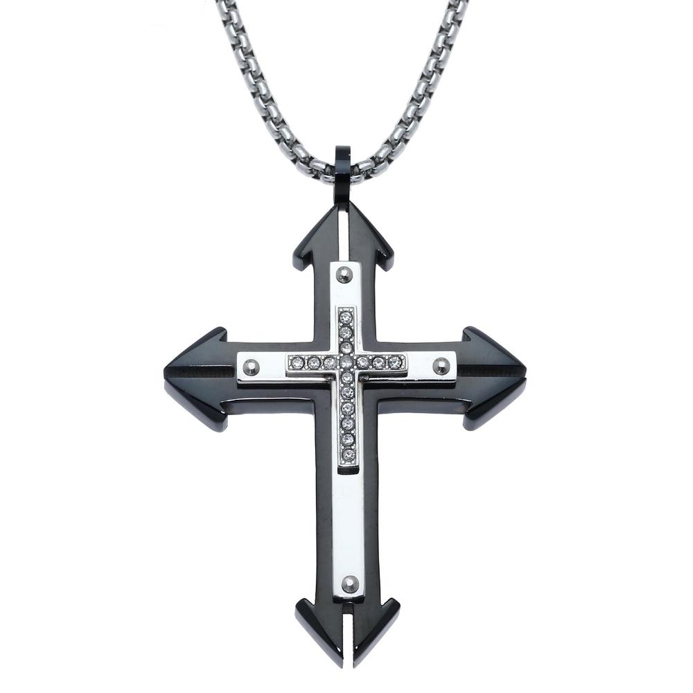Stainless Steel Two-Tone Cross Pendant with Cubic Zirconia Accent
