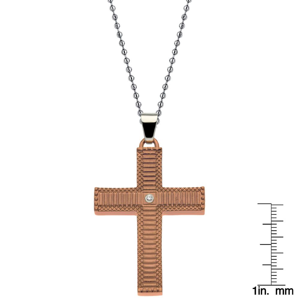 Ribbed Texture Cross Pendant with Cubic Zirconia Center in Brown Ion Plated Stainless Steel