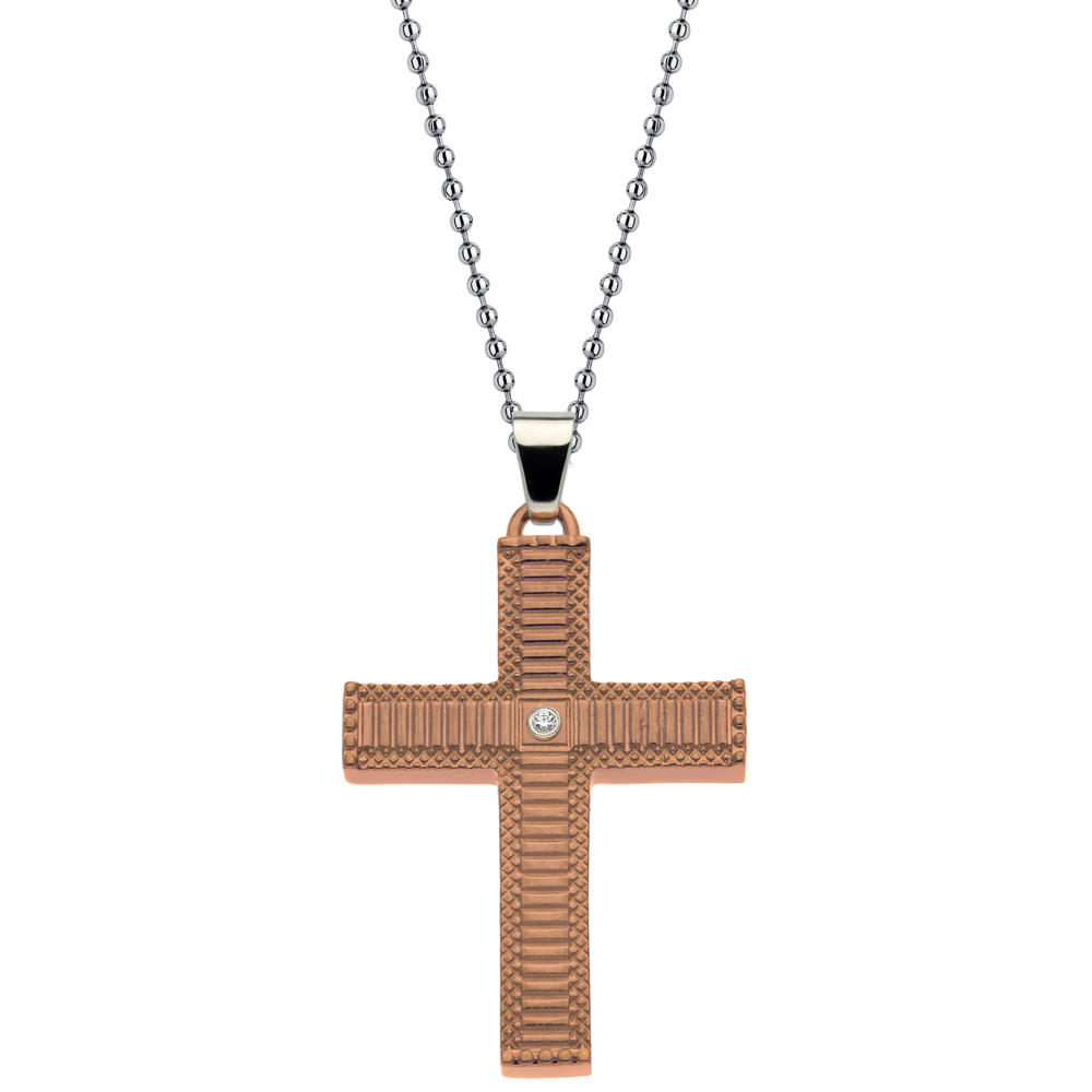 Ribbed Texture Cross Pendant with Cubic Zirconia Center in Brown Ion Plated Stainless Steel