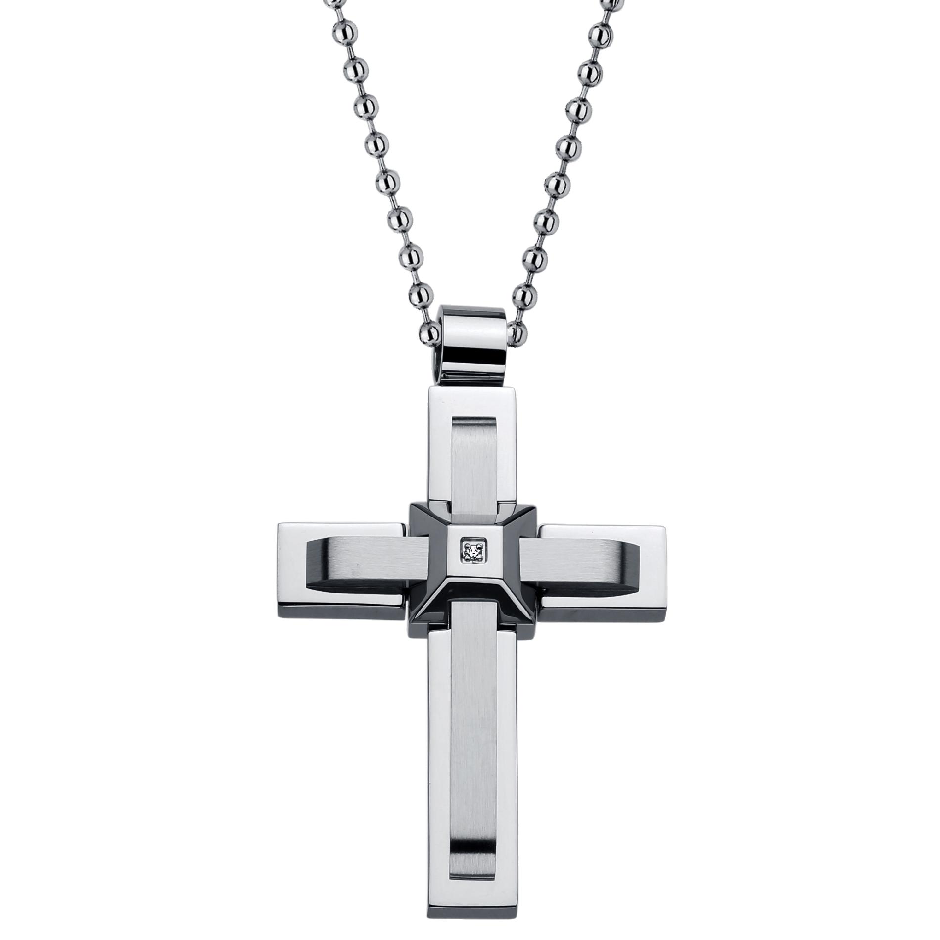 Layered Cross Pendant in High Polished Stainless Steel with CZ
