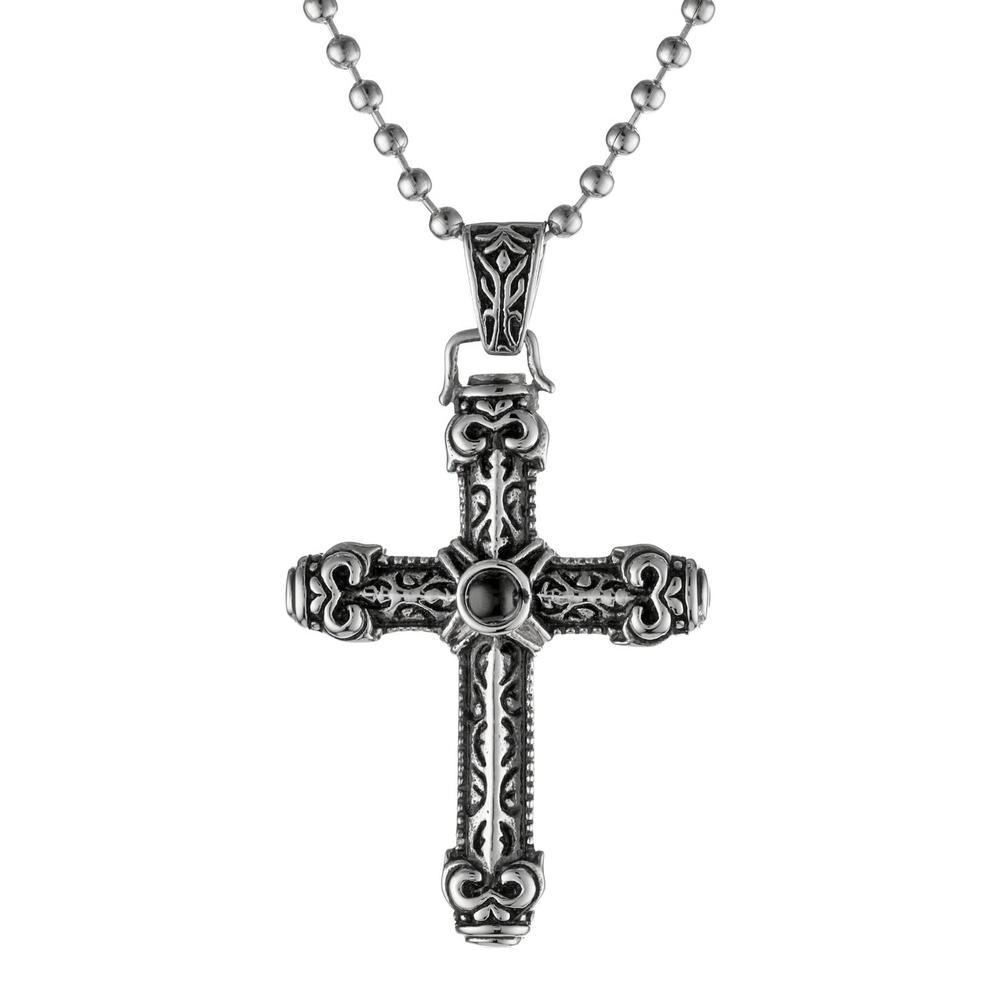 Stainless Steel Cross Pendant with Black Ion Plating Accent and Black Agate Center