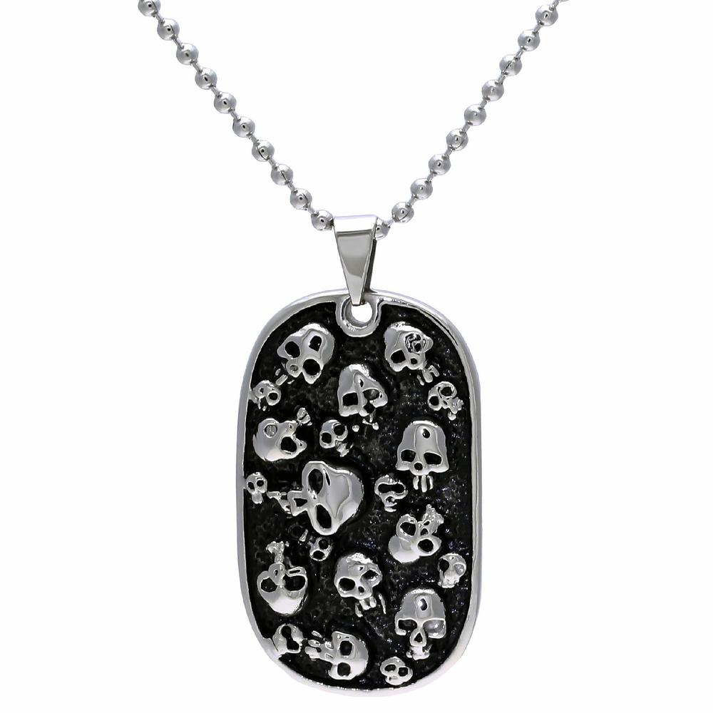 Stainless Steel Dog Tag Pendant with Skull Accent and Black IP