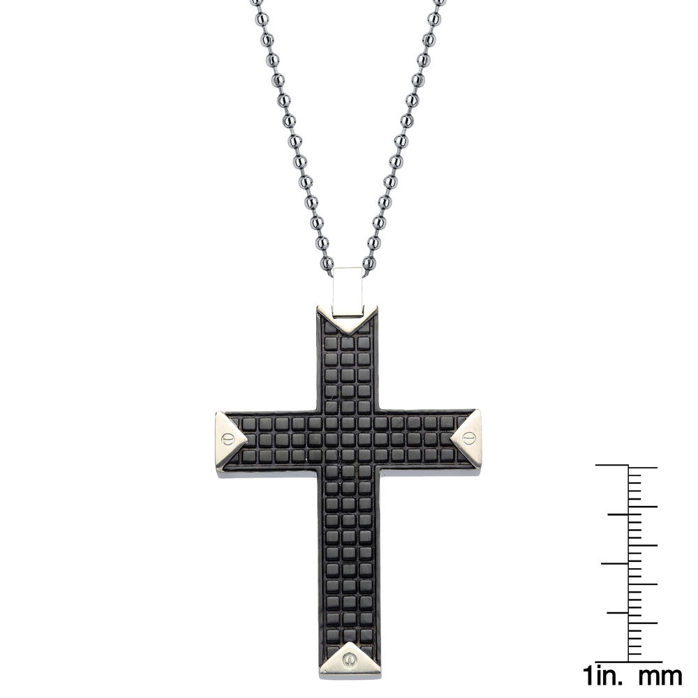 Black IP Stainless Steel Cross Pendant with Squared Texture