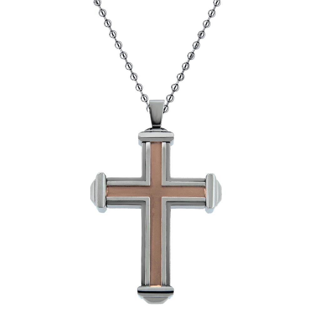 Stainless Steel Cross Pendant with Brown Ion Plating Inlay