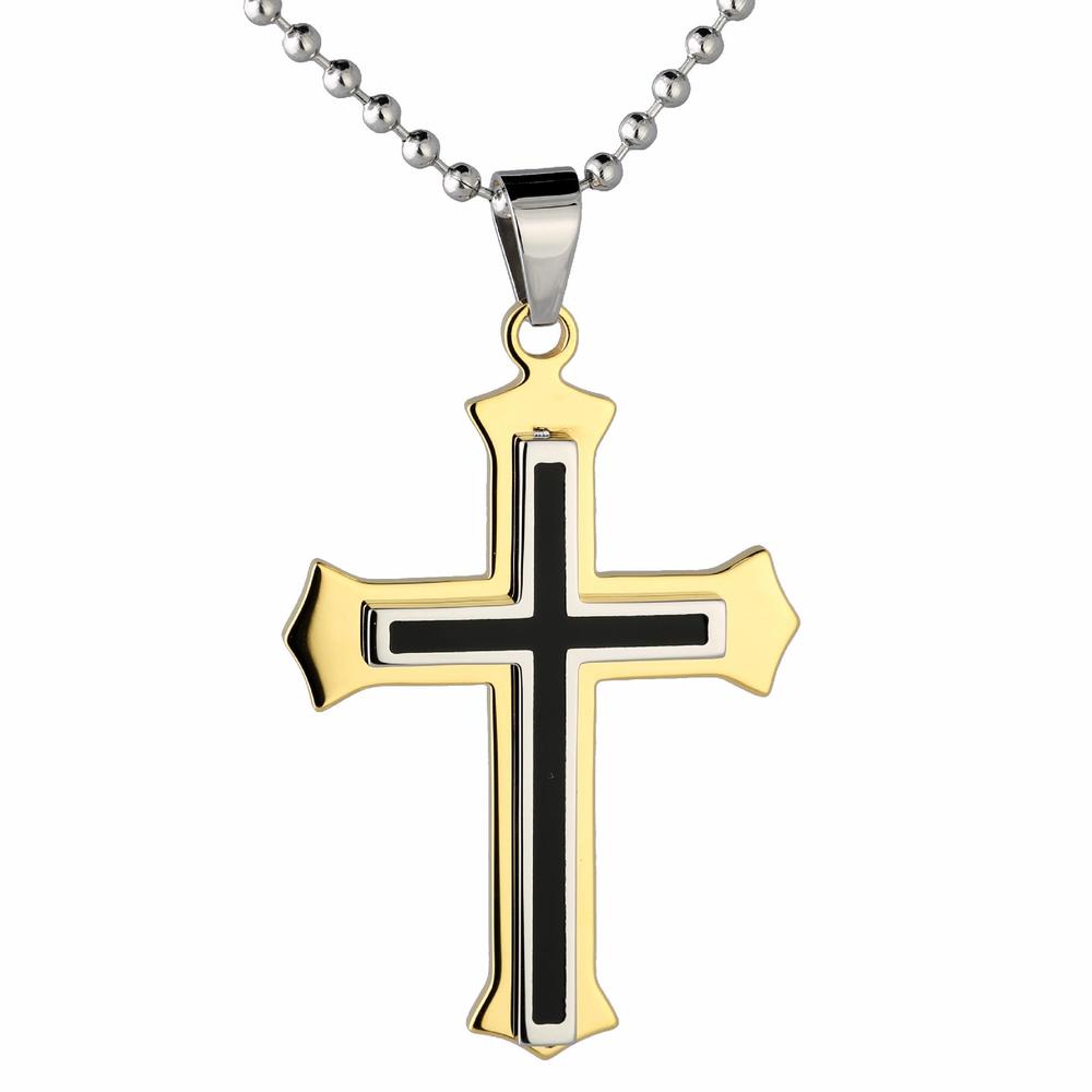 Gold IP Stainless Steel Cross Pendant with Elevated Egdes