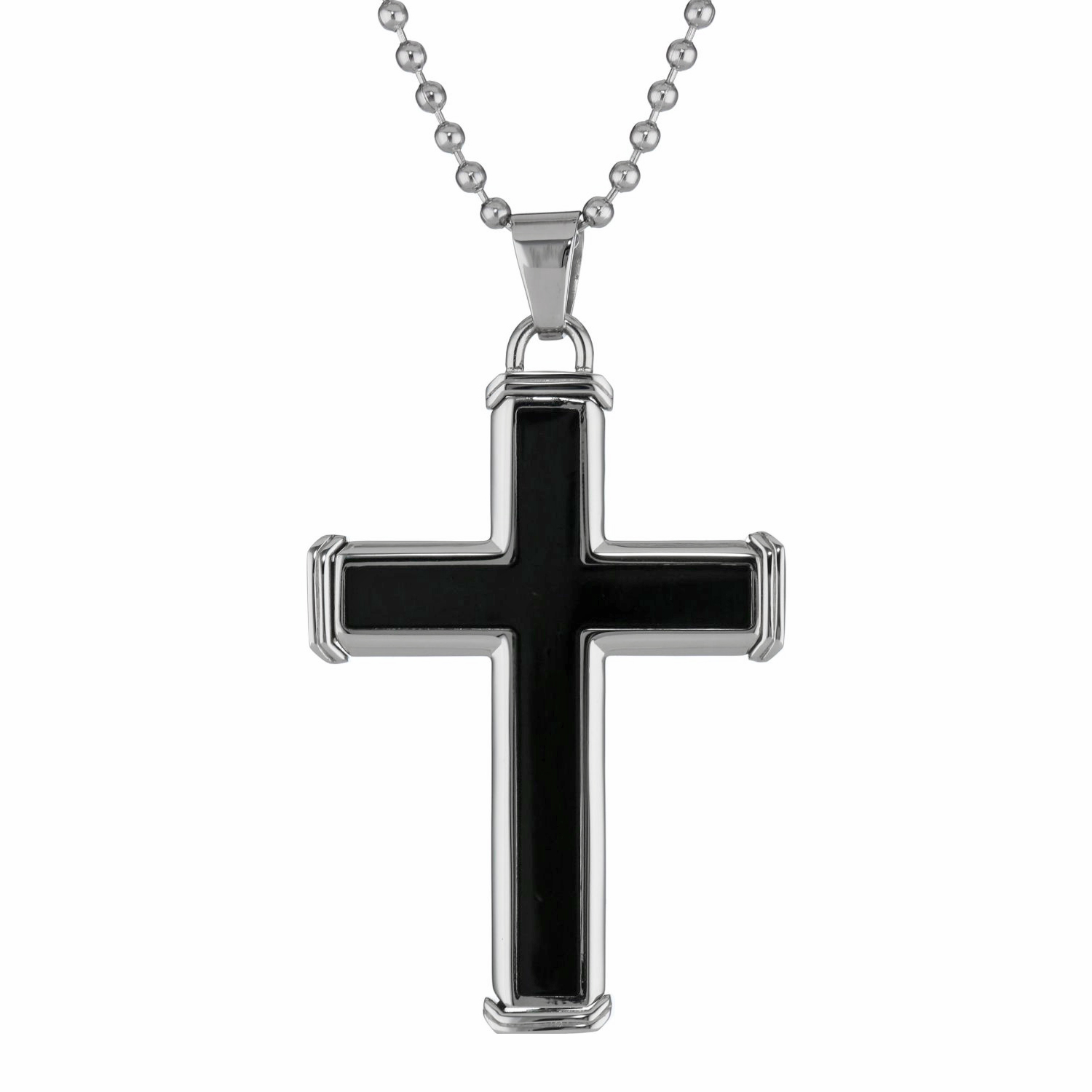 Stainless Steel Cross Pendant with Black Resin Accent