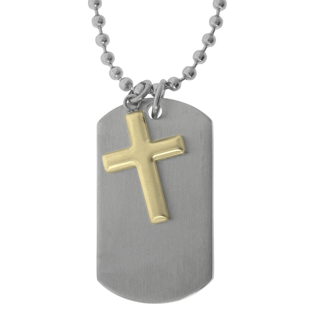 Two-piece Stainless Steel Dog Tag Pendant with Movable Gold Ion Plated Cross