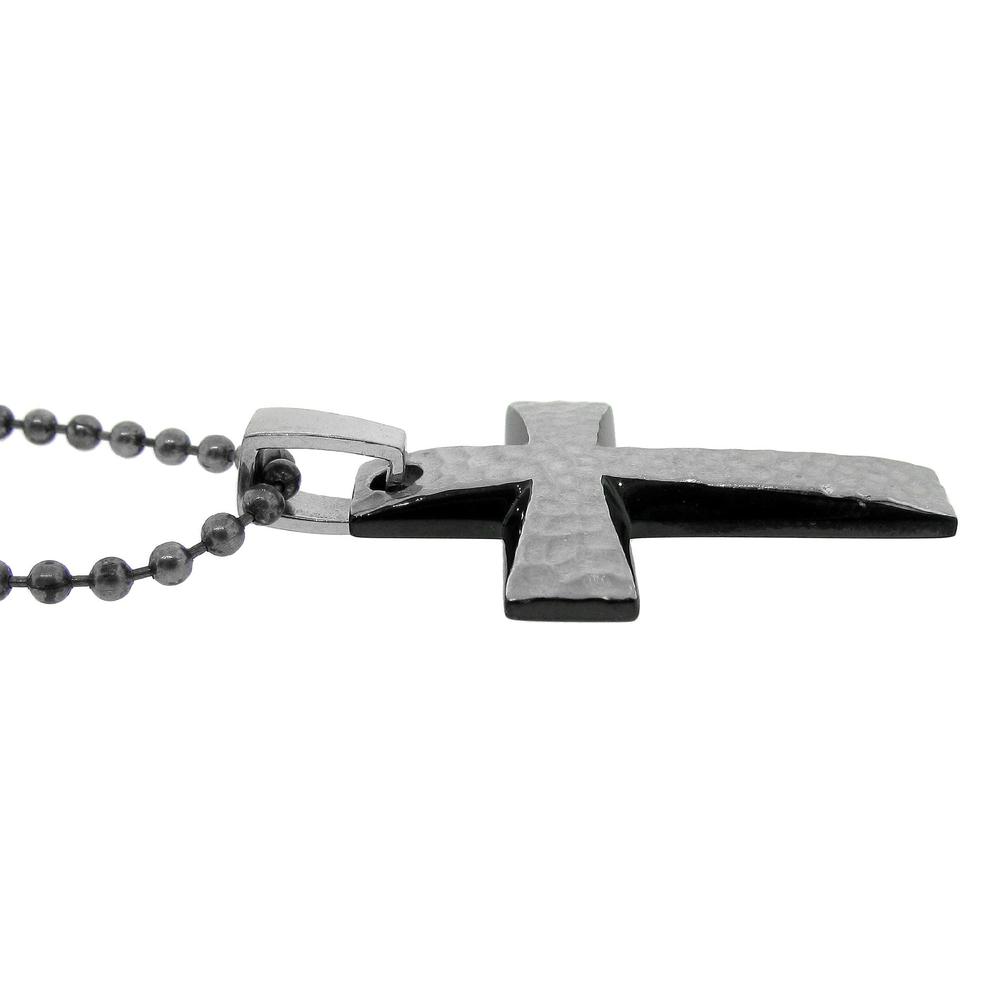 Hammered Texture Cross Pendant with Black Ion Plating Accent in Stainless Steel