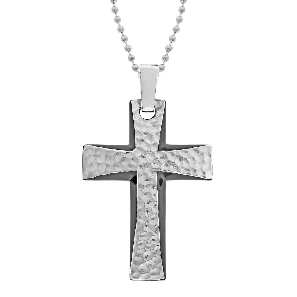 Hammered Texture Cross Pendant with Black Ion Plating Accent in Stainless Steel