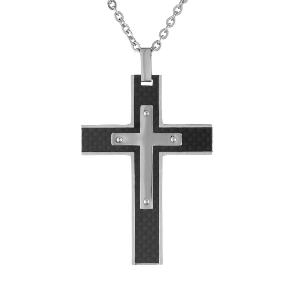Two Layers Cross Pendant with Carbon Fiber Inlay