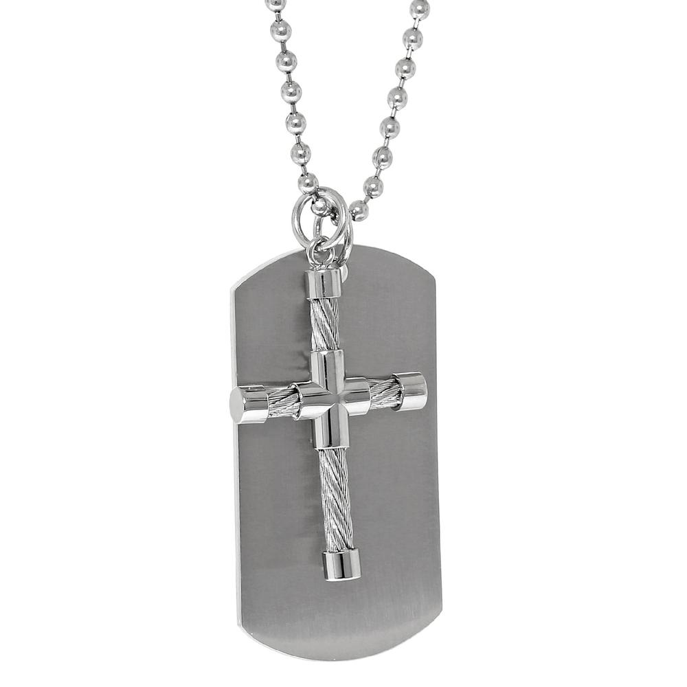 Double Layers Dog Tag with Cable Cross Accent in Stainless Steel