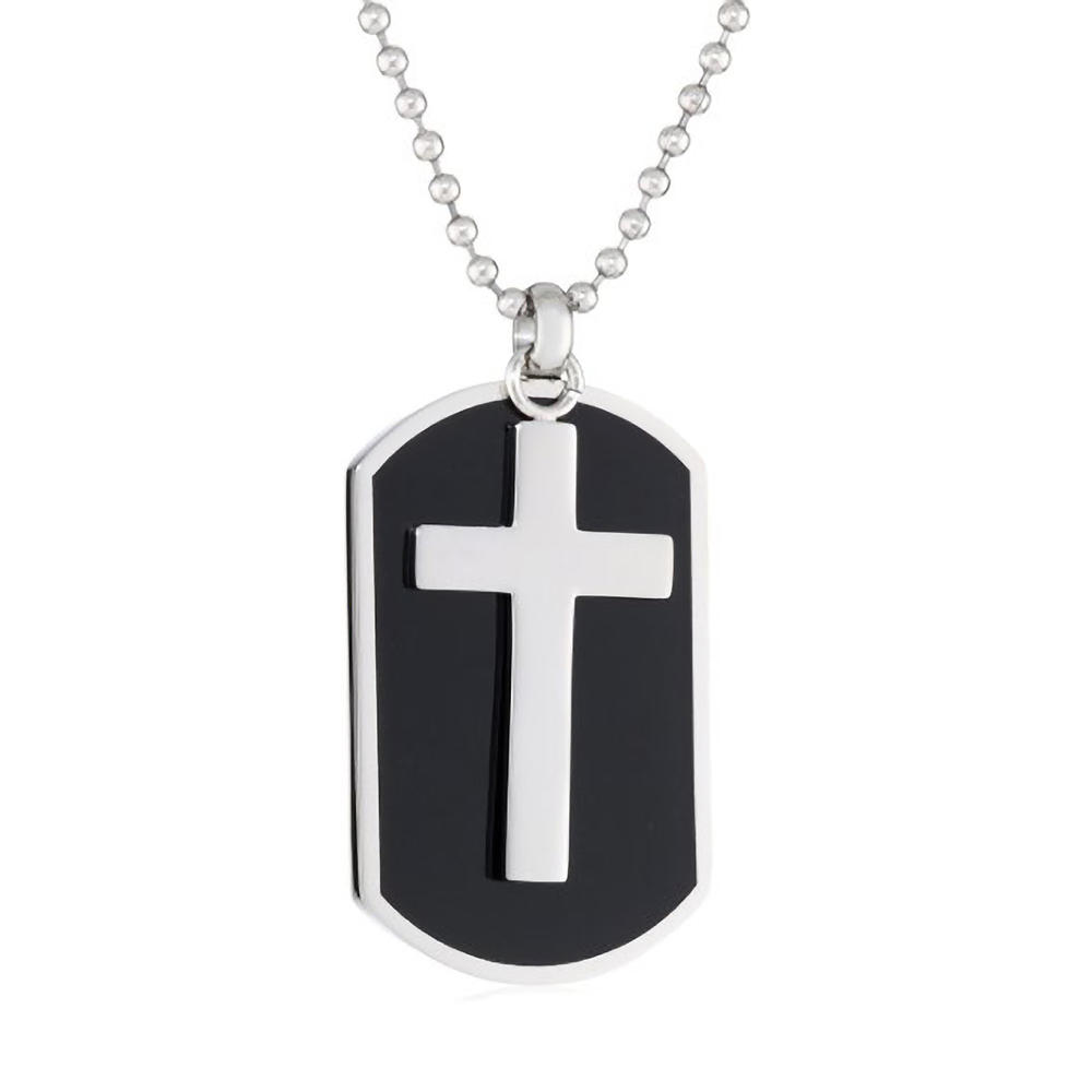 Two-piece Stainless Steel Cross Dog Tag Pendant with Black Resin Accent
