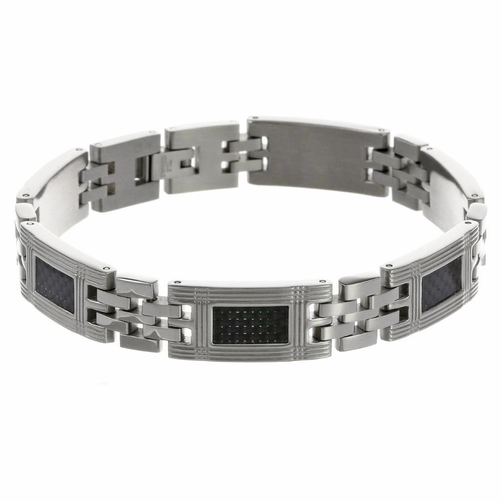 Link Bracelet with Carbon Inlay in Stainless Steel
