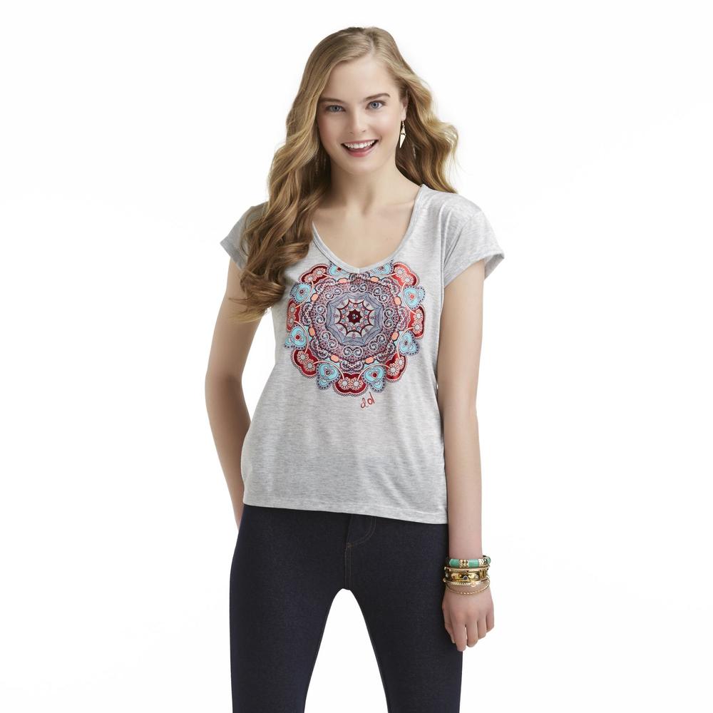 Junior's Embellished Graphic T-Shirt - Floral Mandala