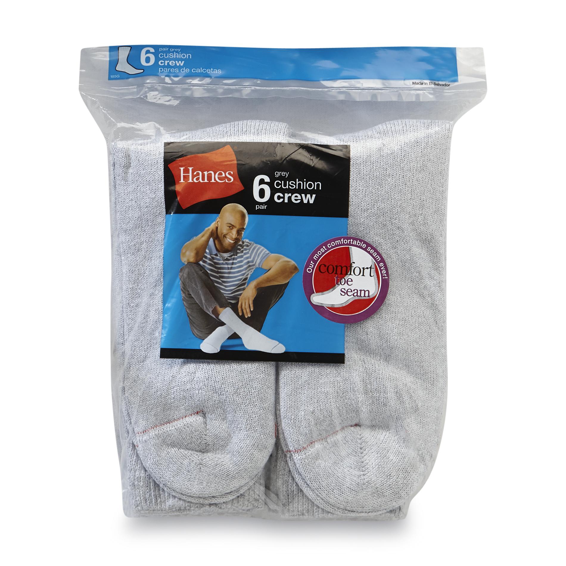 Hanes Men’s Socks 6 Pack Grey Cushion Crew Comfort Toe Seam