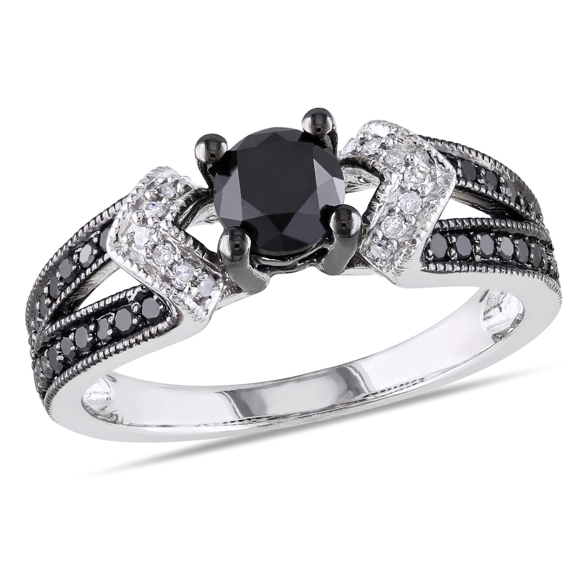 1 Cttw. Sterling Silver Black and White Diamond Engagement Ring (G-H  I2-I3)