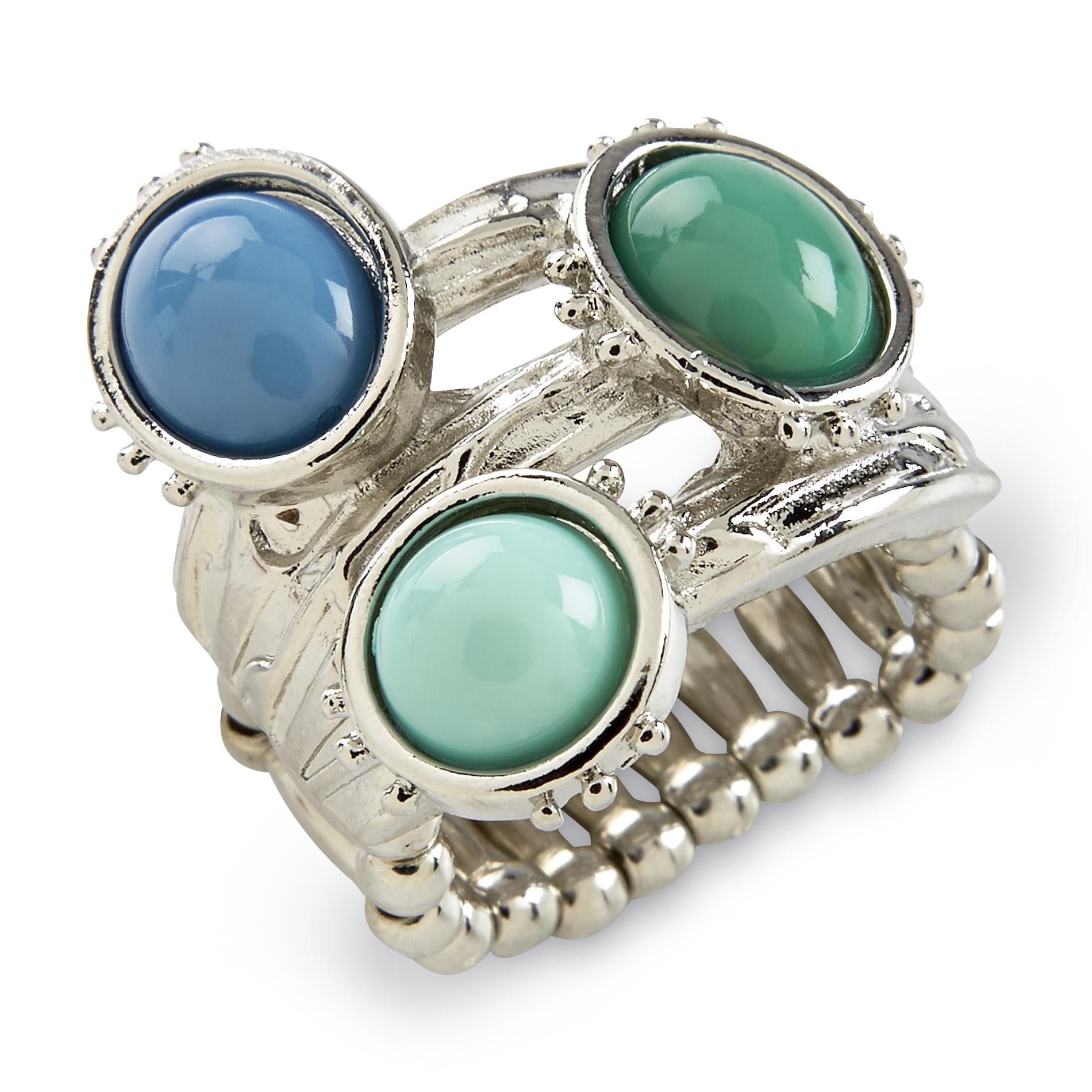 Junior's Silvertone Stretch Ring - Turquoise Combo