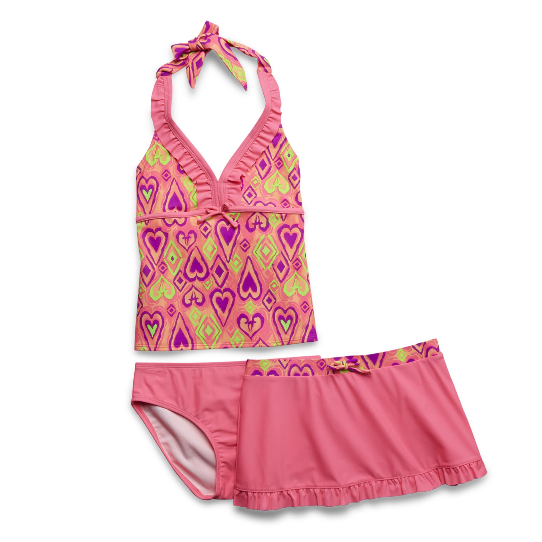 Joe Boxer Girl's Tankini Top, Bottom & Skirt Neon Hearts at