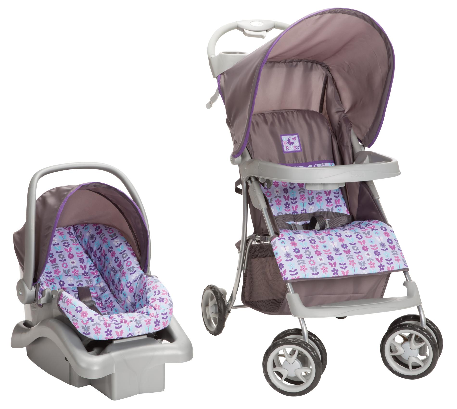 purple car seat and stroller set