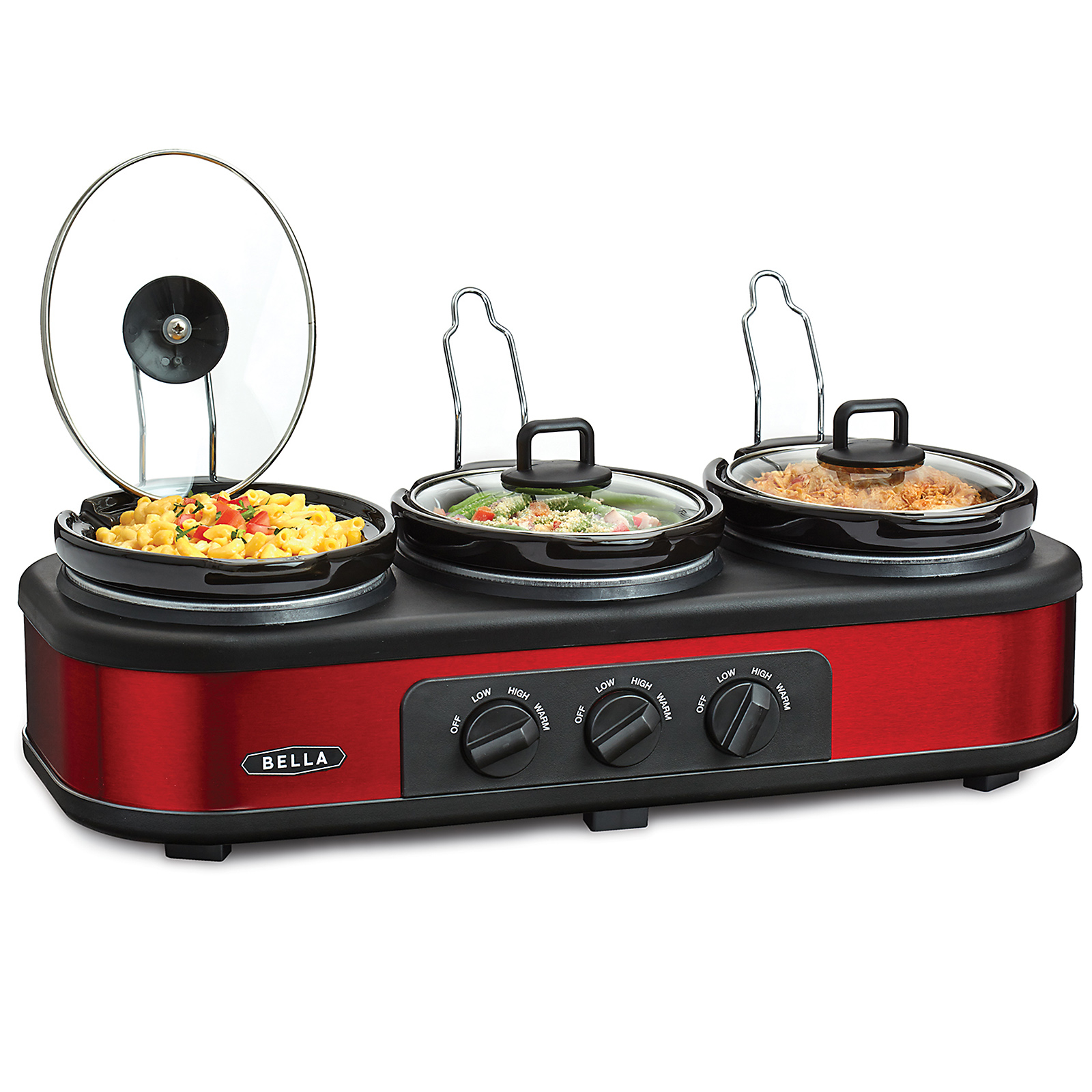 bella-13698-red-and-black-triple-slow-cooker-buffet