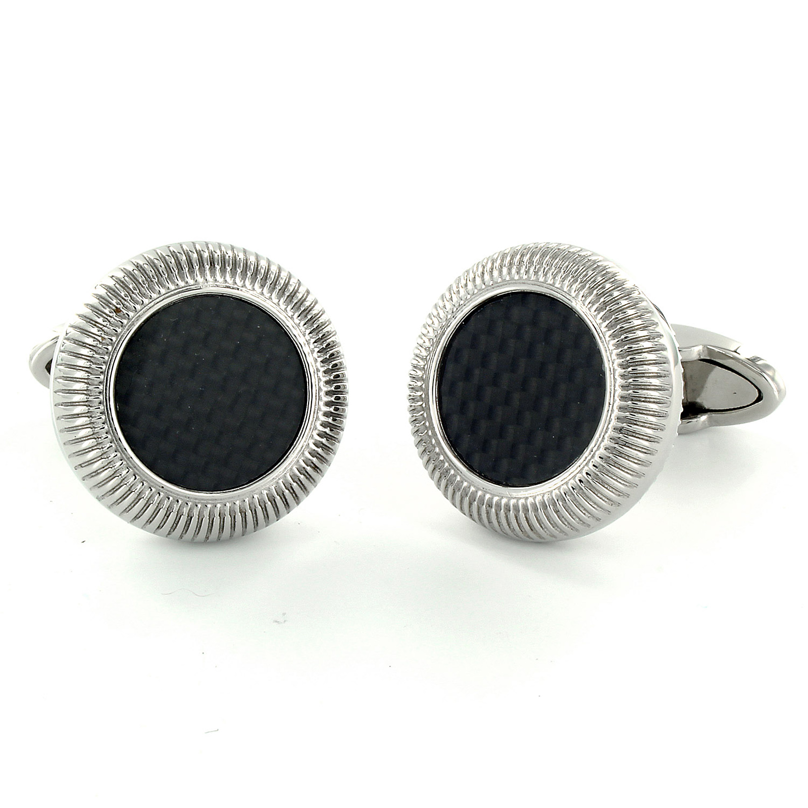 West Coast Jewelry Circular Stainless Steel with Black Carbon Fiber Inlay Cuff Links- Men's West Coast Jewelry Circular Stainless Steel with Black Carbon Fiber Inlay Cuff Links- Men's