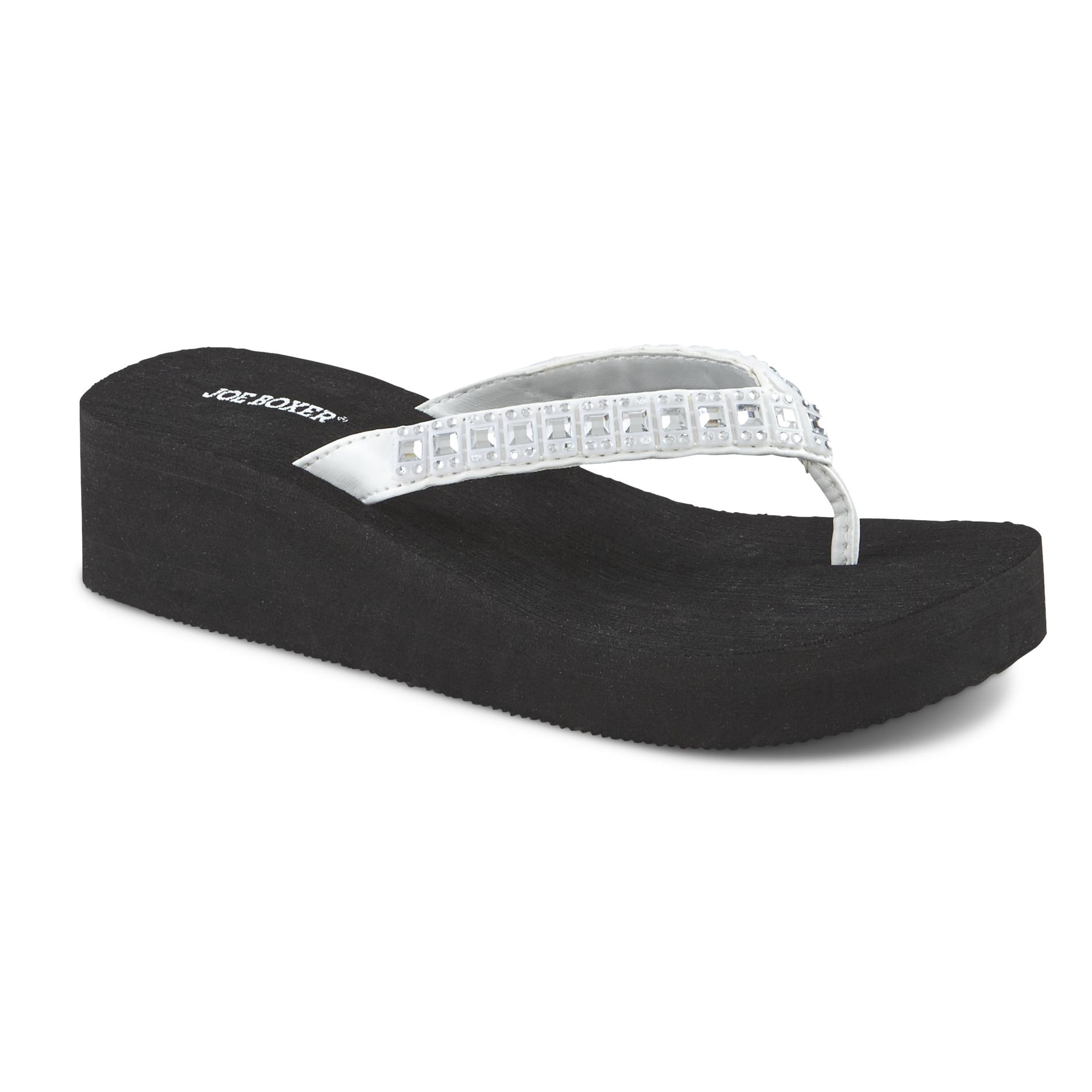 Joe Boxer Women's Allana White/Black Embellished Wedge FlipFlop Shop