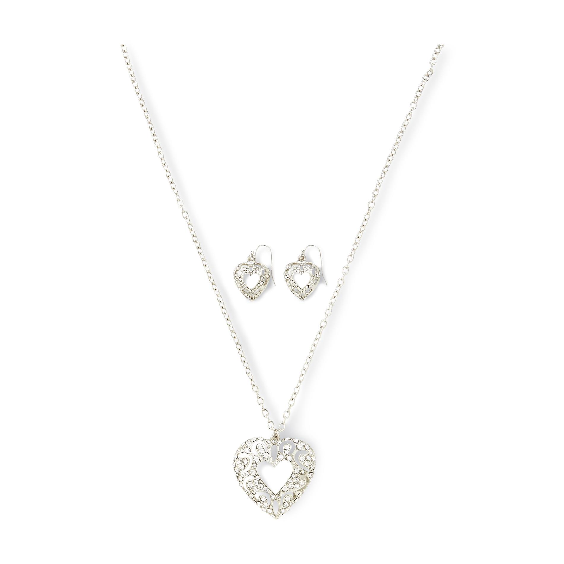 Jaclyn Smith Women's Rhinestone Heart Pendant Necklace & Earrings