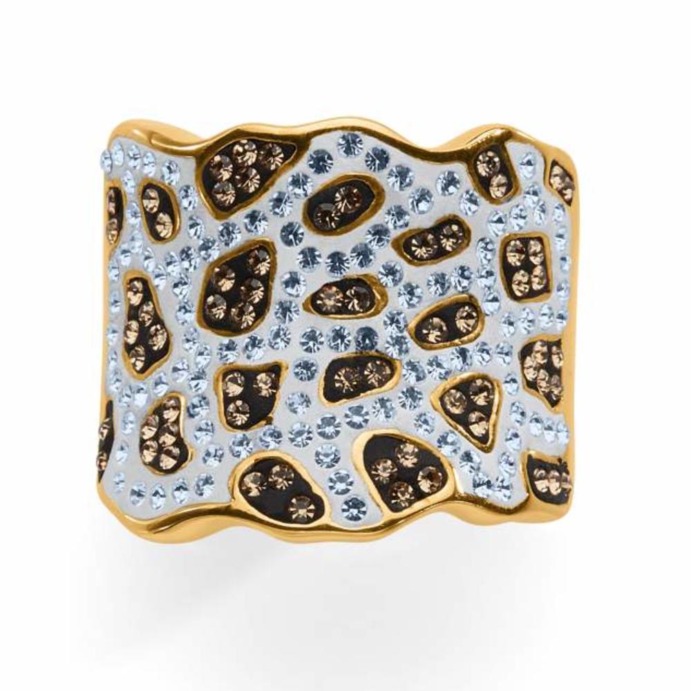 Brown & White Crystal Yellow Gold Over Bronze Animal Print Ring