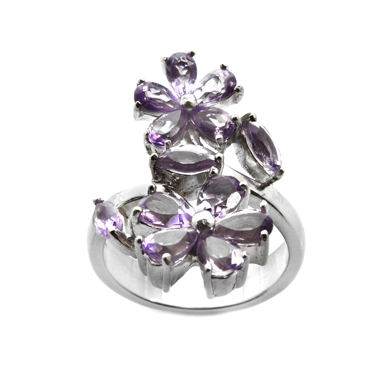 - Ladies Sterling Silver Genuine Amethyst Flower Cluster Bypass Ring