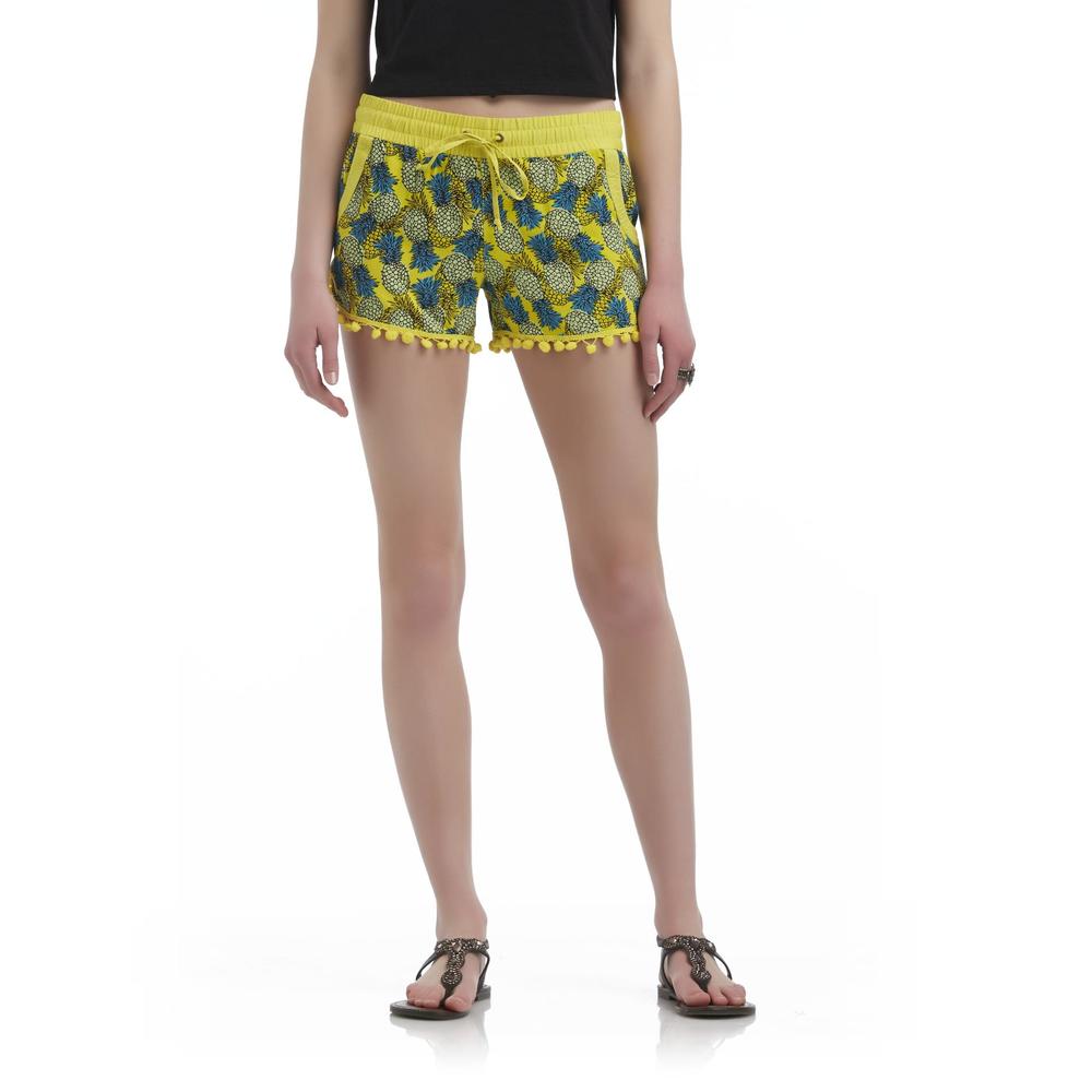 Junior's Pompom-Trim Shorts - Pineapple Print