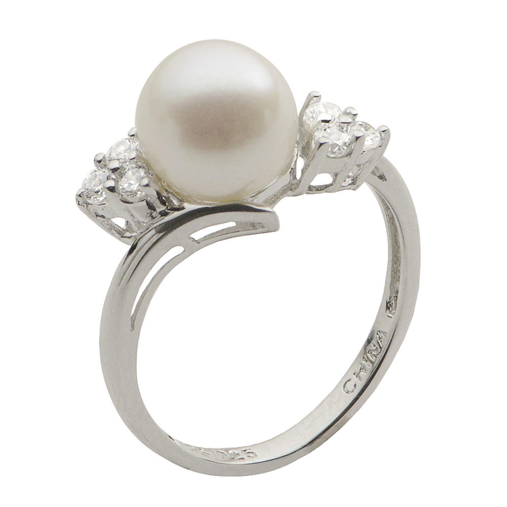 Ladies Sterling Silver 8-8.5mm Freshwater Pearl and Tri Cubic Zironia Ring