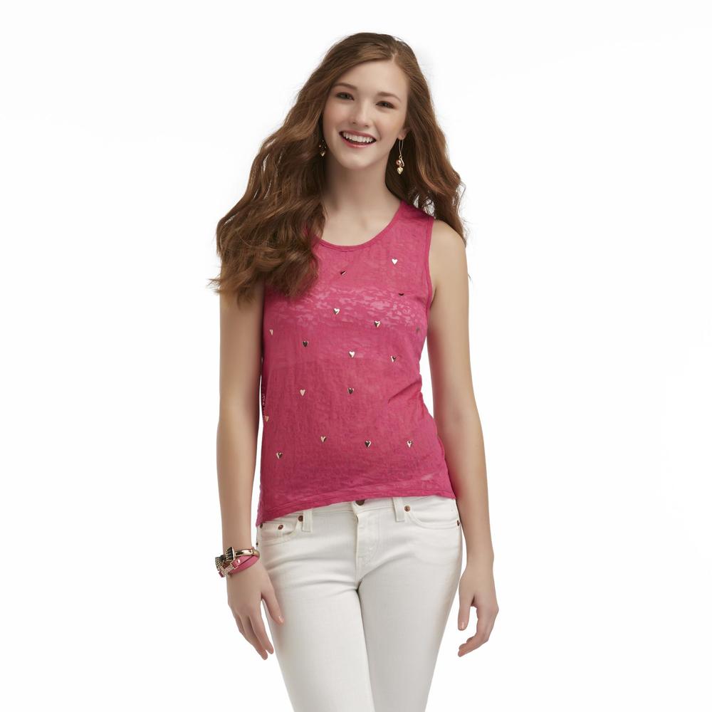 Junior's Studded Sheer High-Low Tank Top - Hearts