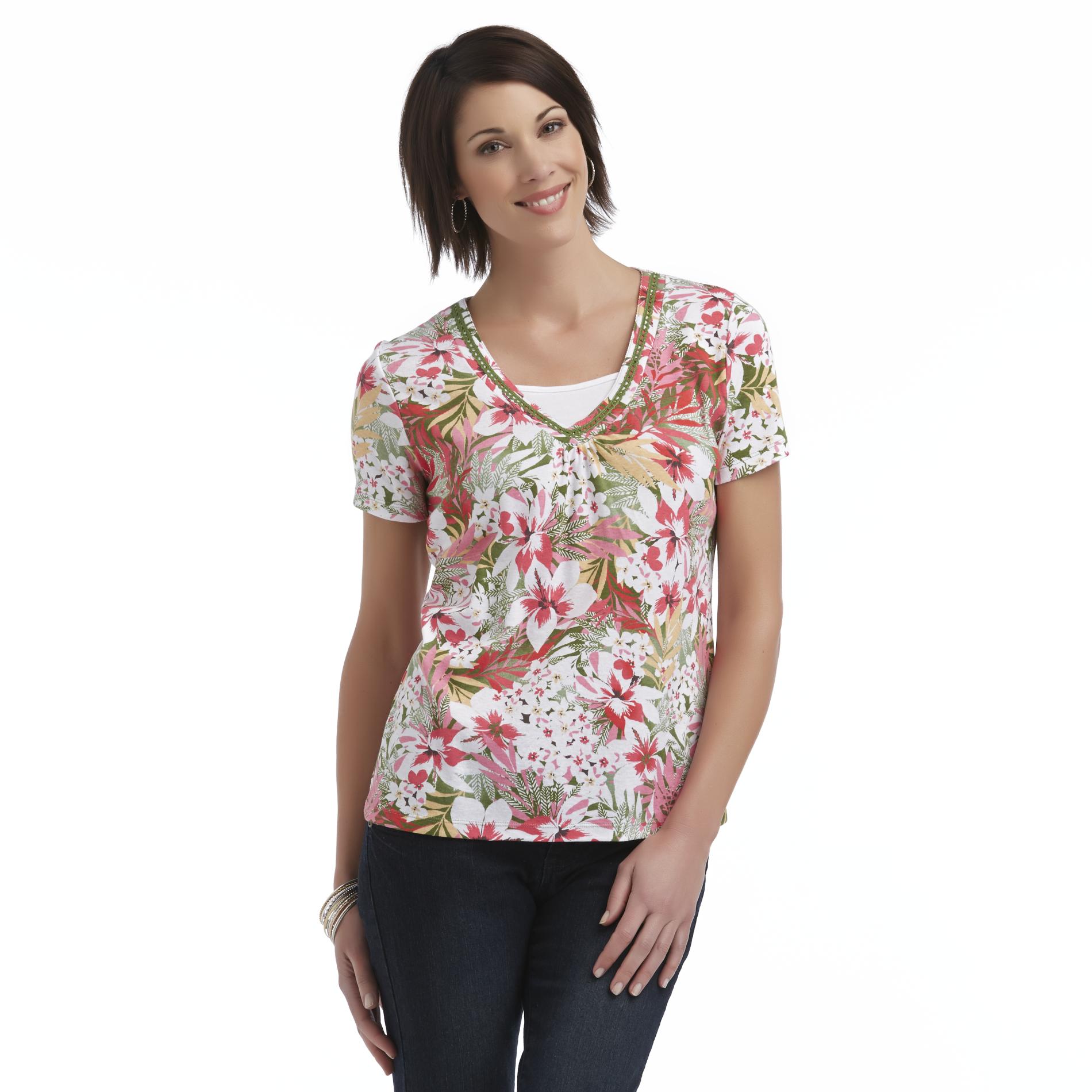 Women's Layered-Look V-Neck T-Shirt - Floral