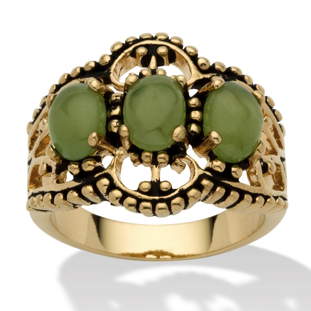 Oval Shaped Green Jade 14k Yellow Gold-Plated Antique-Finish Triple-Stone Filigree Ring