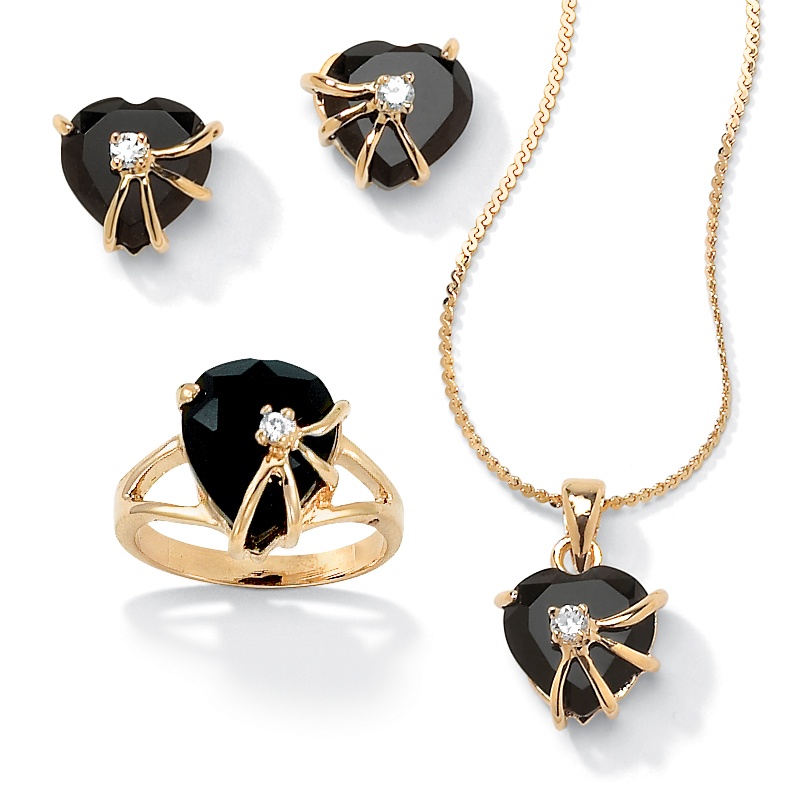 Heart-Shaped Genuine Onyx 14k Yellow Gold-Plated Pendant  Earrings and Ring Set