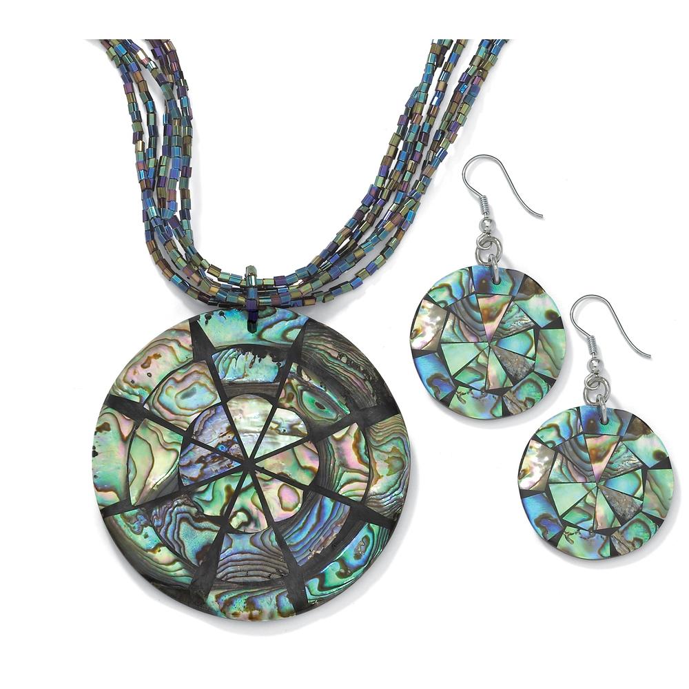 Disk-Shaped Genuine Abalone Silvertone 16" Necklace and Earrings Set Adjustable 16" to 18"