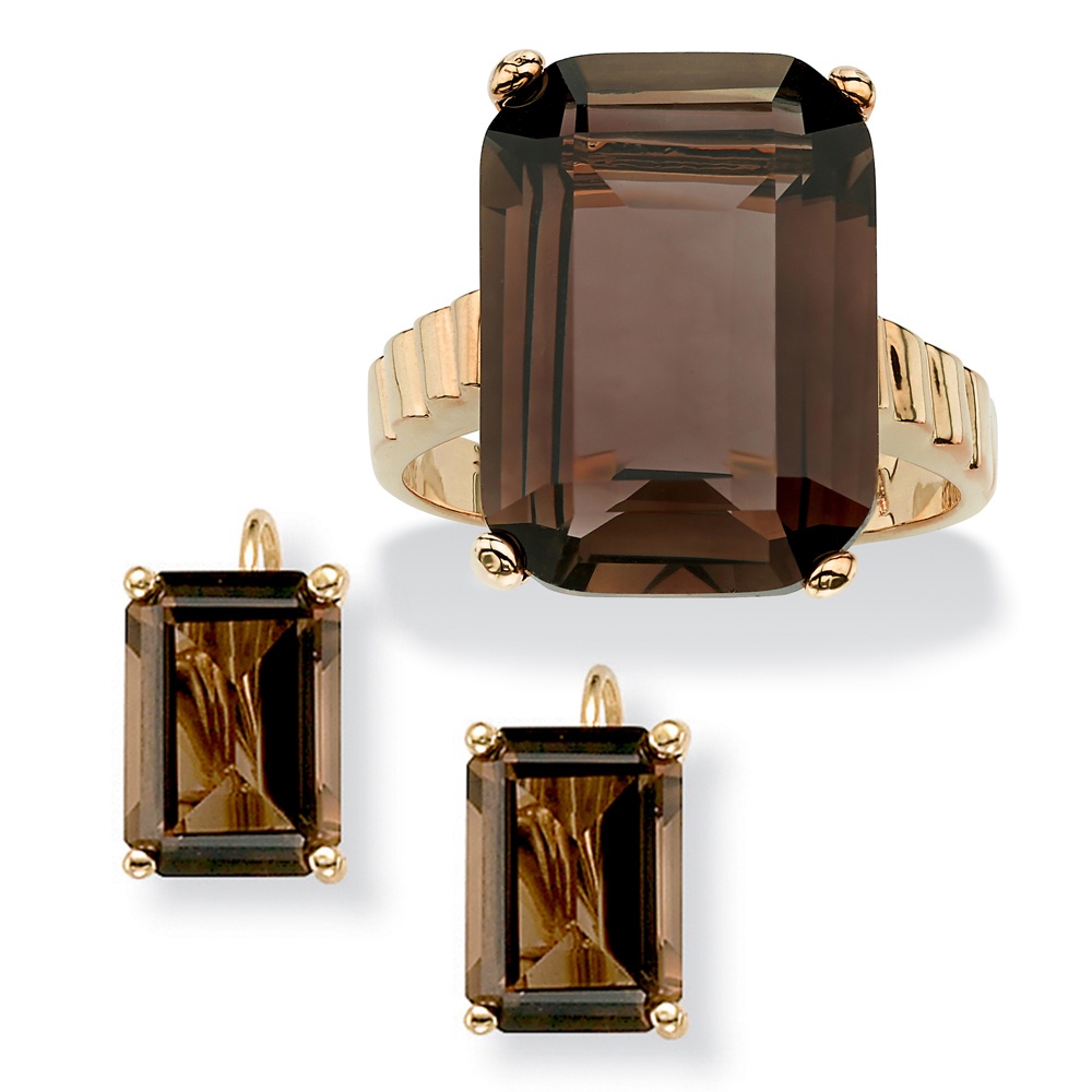 25.25 TCW Emerald-Cut Genuine Smoky Quartz 14k Gold-Plated Ring and Earrings Set