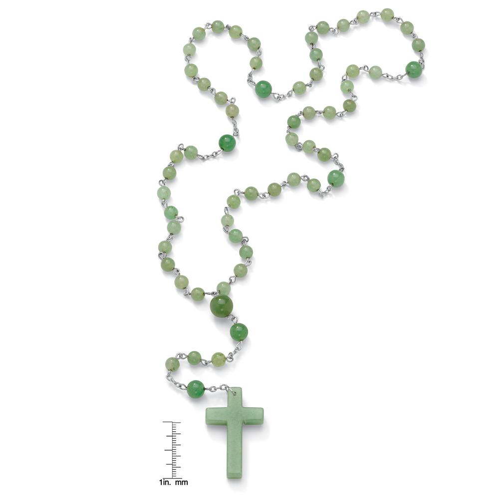 Round Genuine Green Jade Silvertone Rosary Bead Necklace 28"