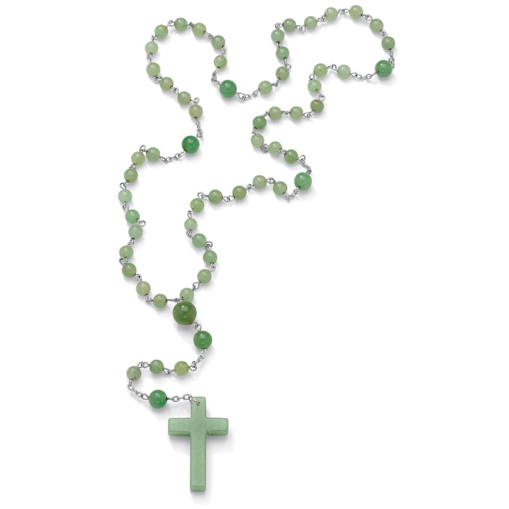 Round Genuine Green Jade Silvertone Rosary Bead Necklace 28"